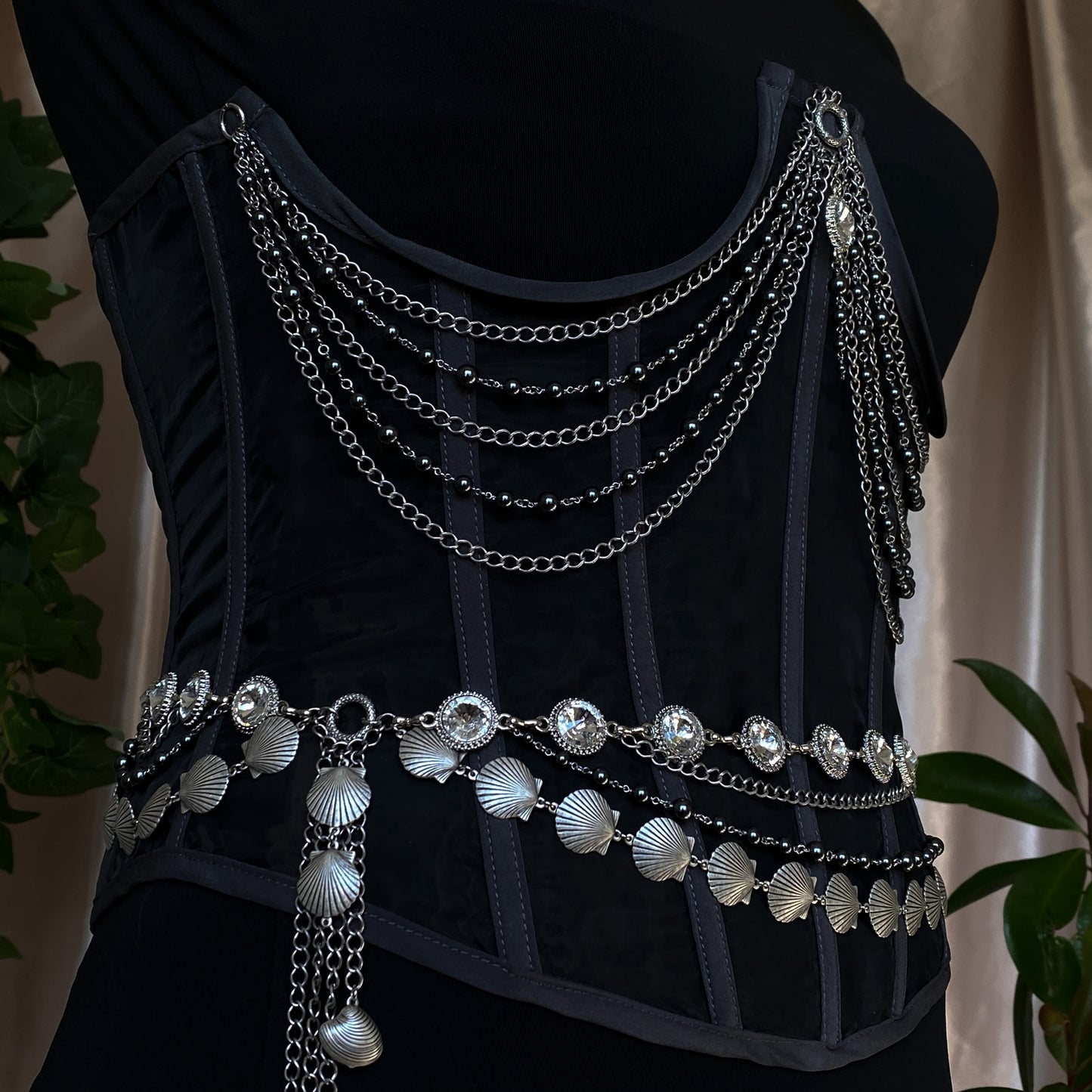 Tara ~ Dark Siren Upcycled Corset with Glass Pearls, Faceted Glass, Antique Silver and Stainless Steel