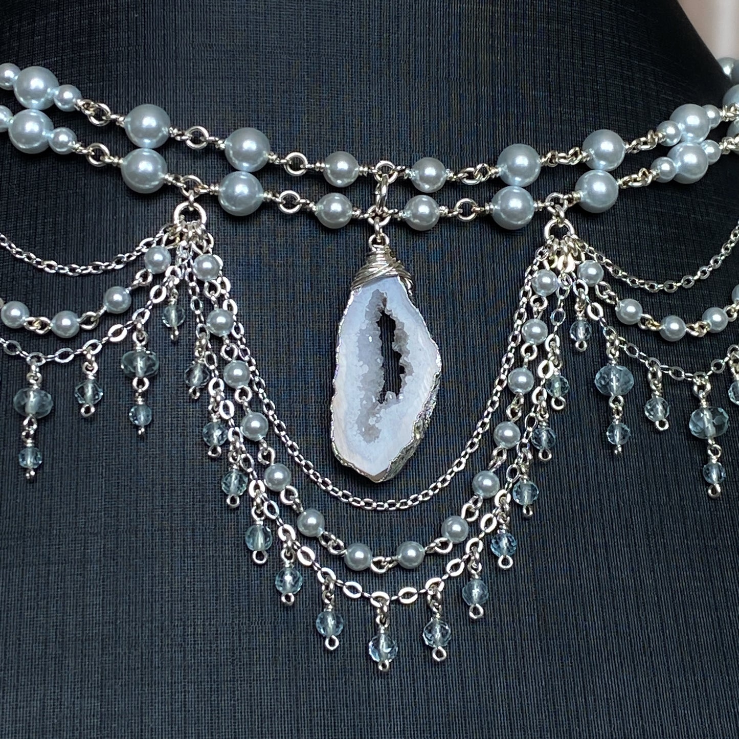 Avril ~ Crystal Pearl, Aquamarine, Gilded Quartz Geode and Sterling Silver 2-Strand Choker