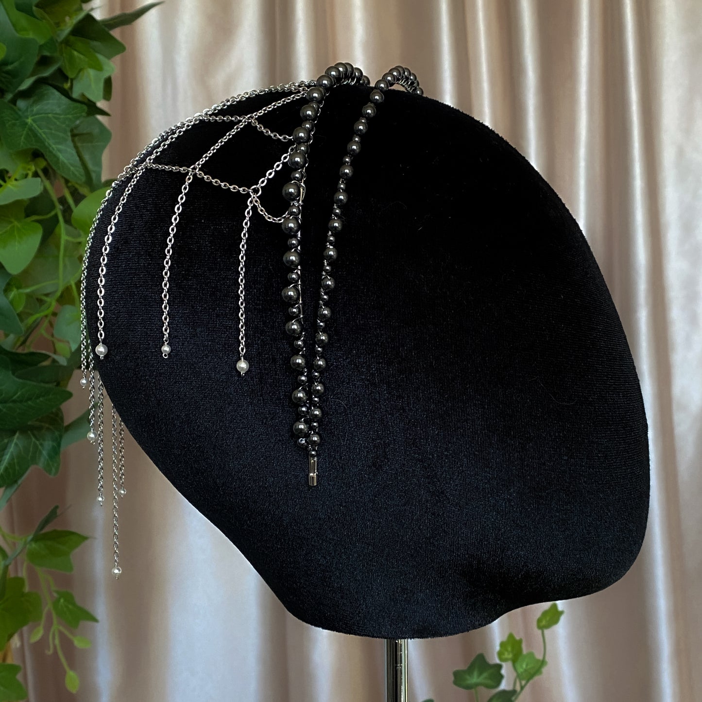 Black Swan ~ Crystal Pearl Chain Veil Headband