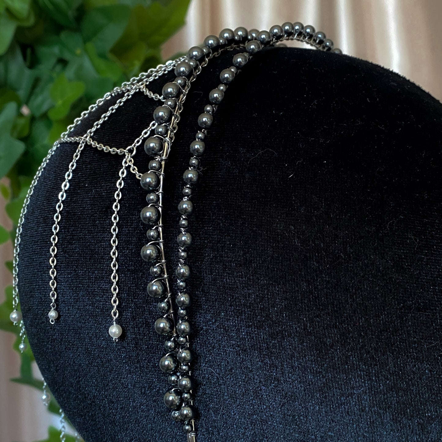 Black Swan ~ Crystal Pearl Chain Veil Headband