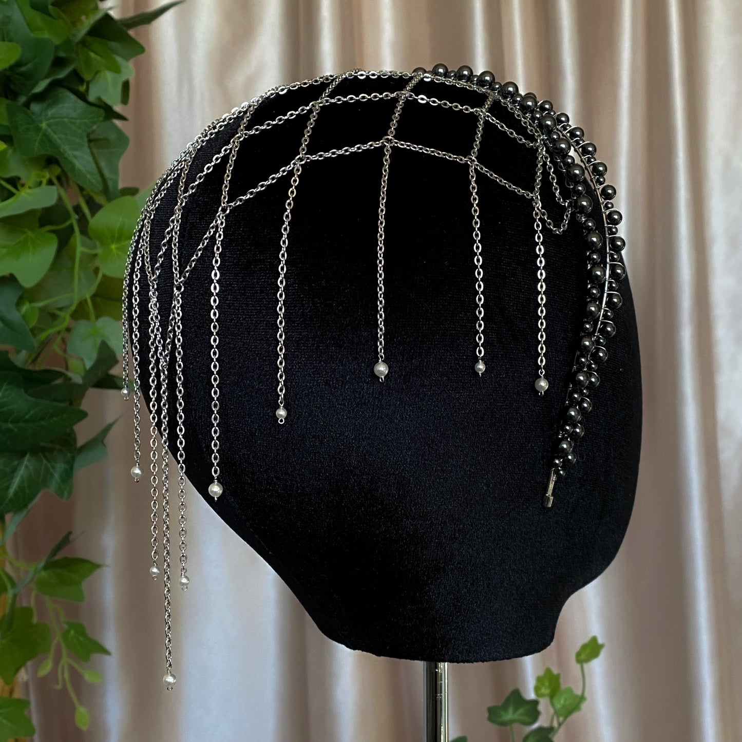 Black Swan ~ Crystal Pearl Chain Veil Headband