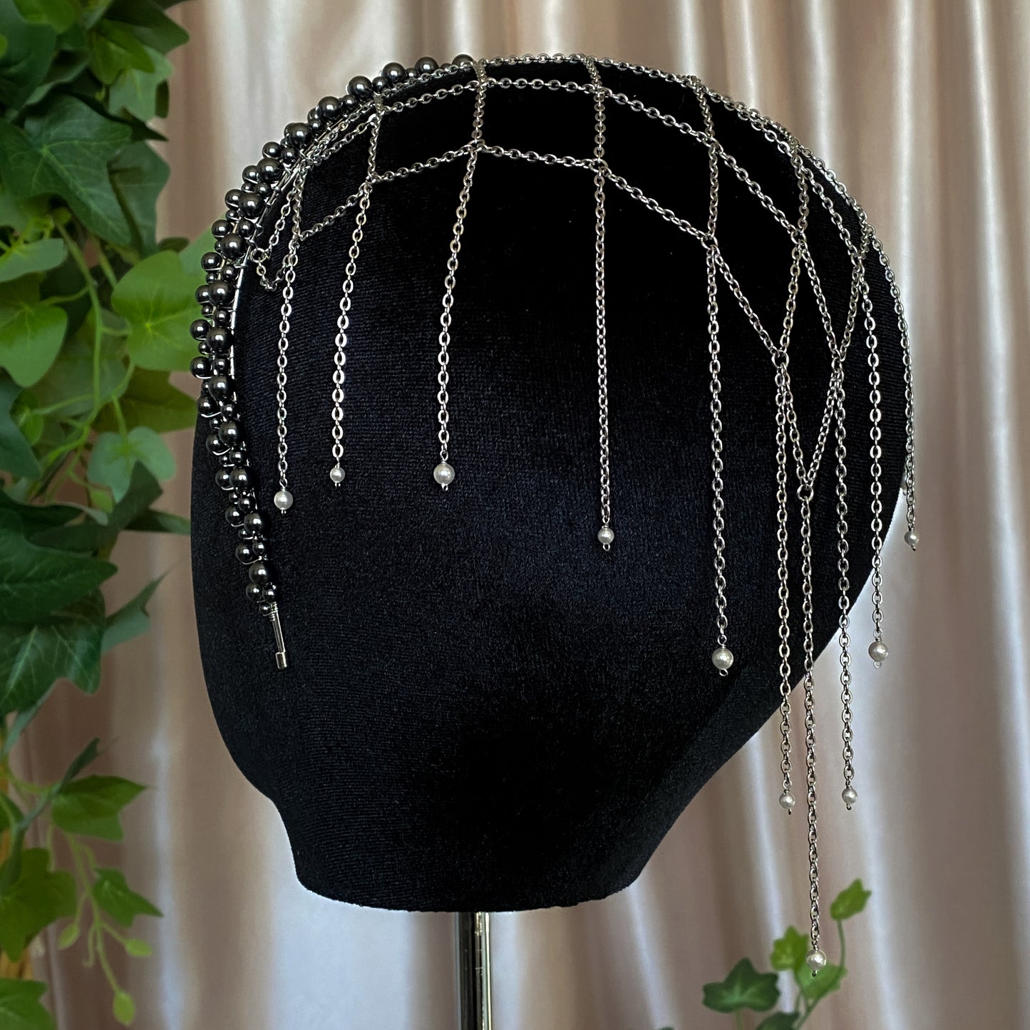 Black Swan ~ Crystal Pearl Chain Veil Headband