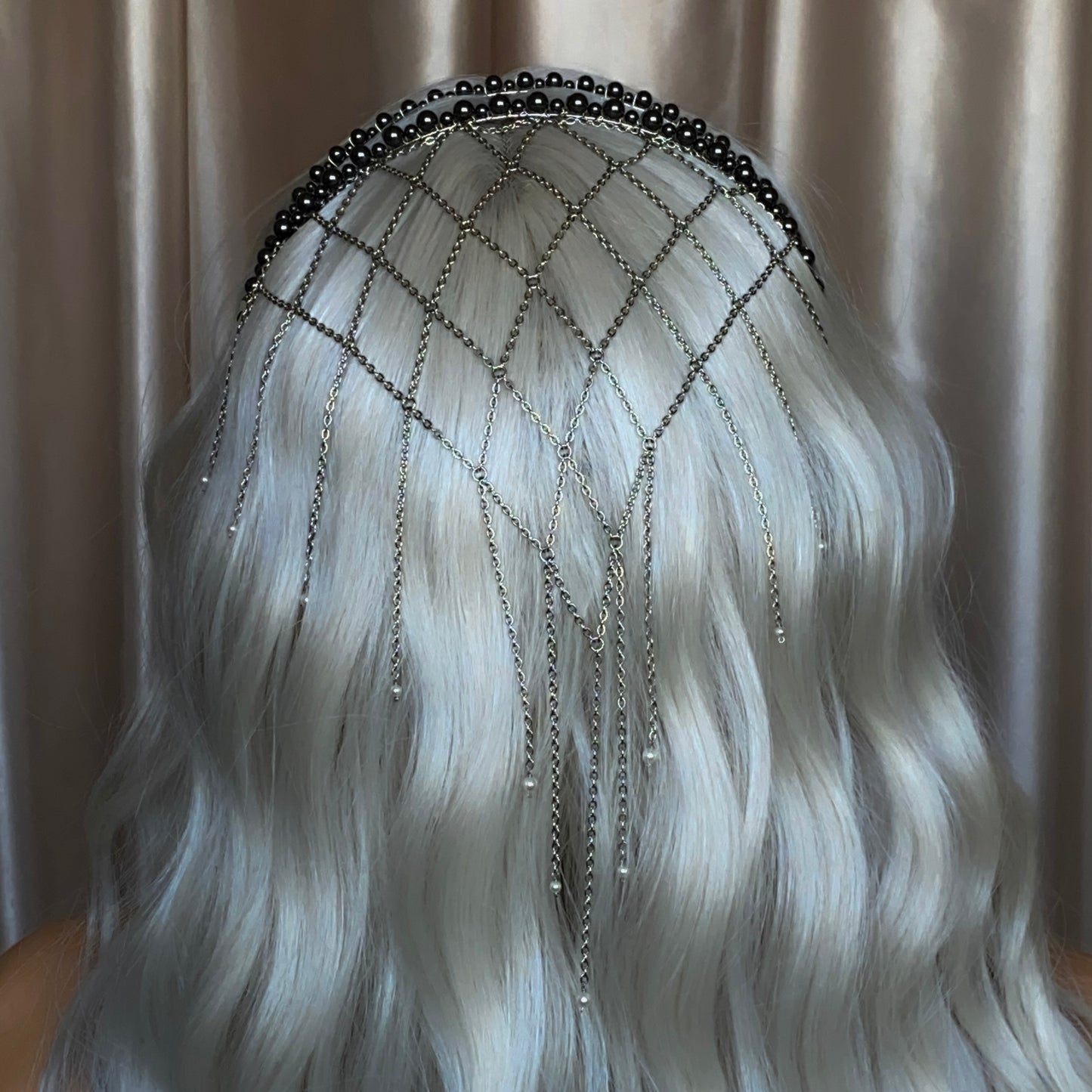 Black Swan ~ Crystal Pearl Chain Veil Headband