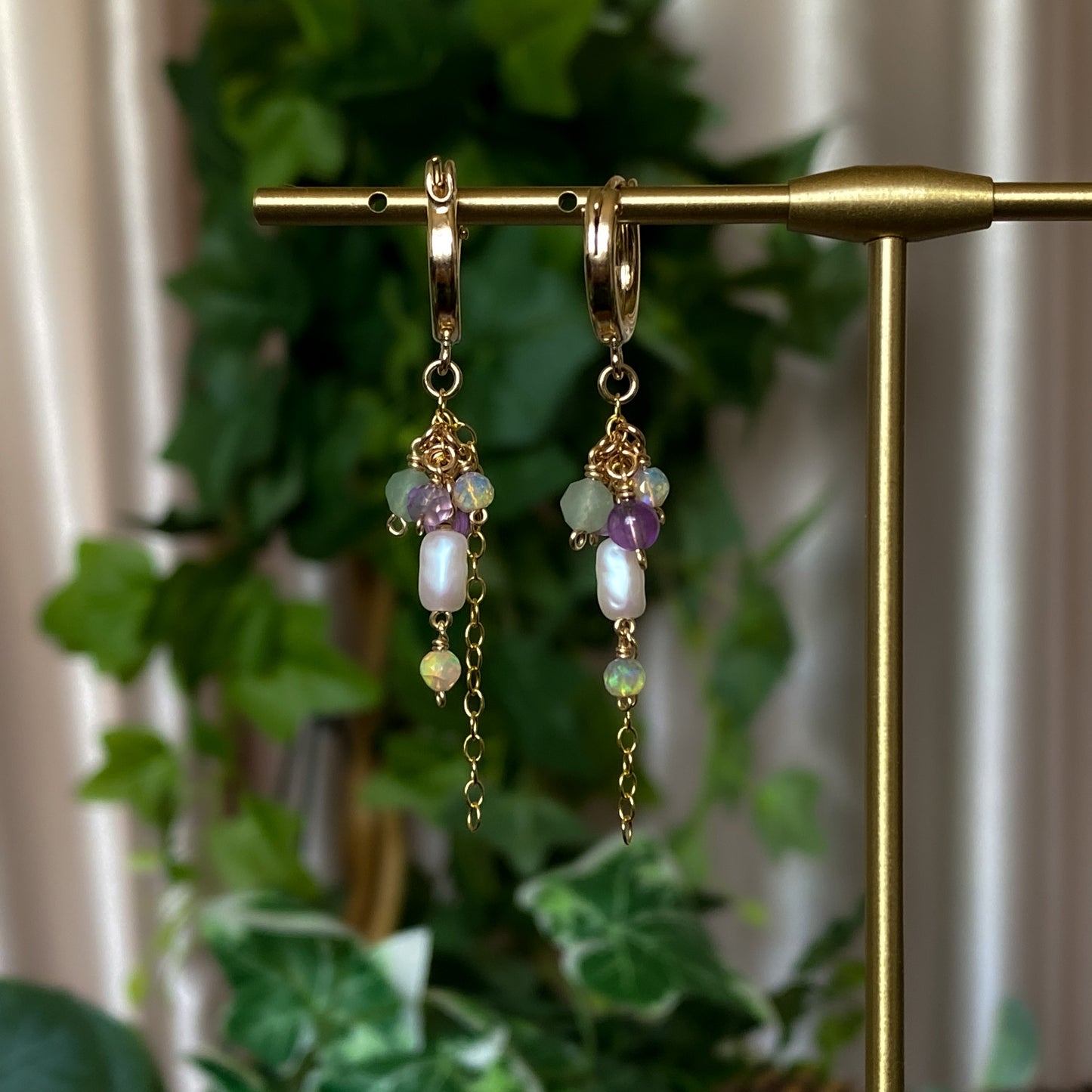 Summer Garden ~ Amethyst, Aventurine, Ethiopian Opal, Vintage Faux Pearl and 14k Gold Filled Mini Layered Dangles