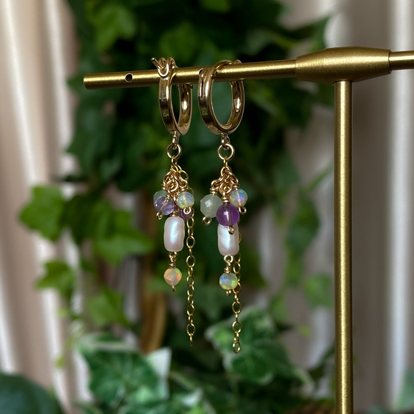 Summer Garden ~ Amethyst, Aventurine, Ethiopian Opal, Vintage Faux Pearl and 14k Gold Filled Mini Layered Dangles