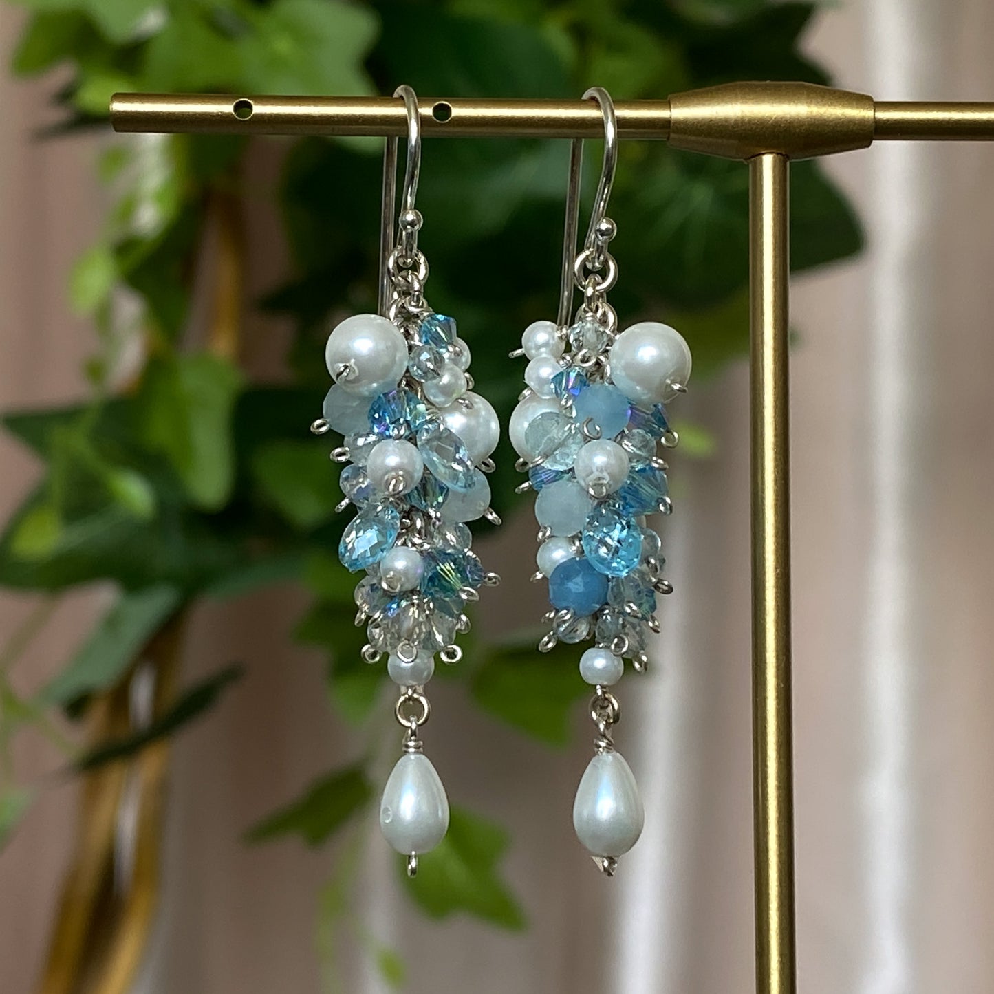 Frost Princess ~ Glass Pearl, Aquamarine, Swarovski Crystal & Argentium Layered Dangles